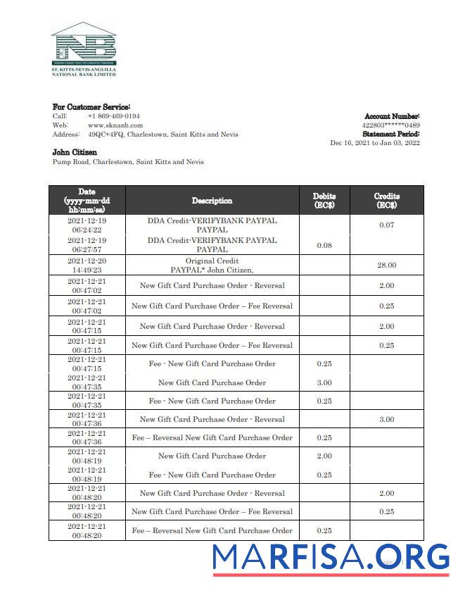 Realistic Saint Kitts and Nevis SKNA bank statement word download for verification